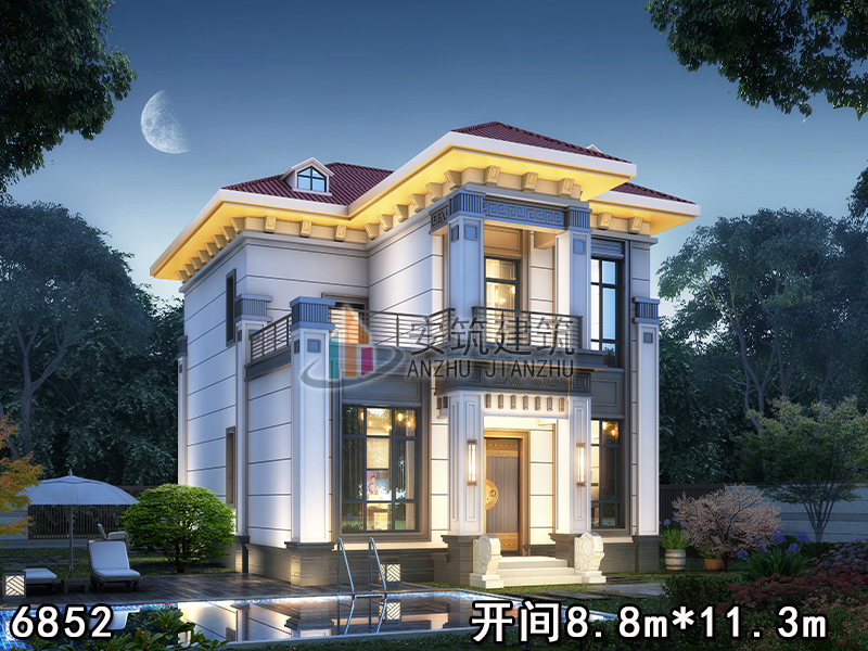6852二层新中式农村别墅建房图纸